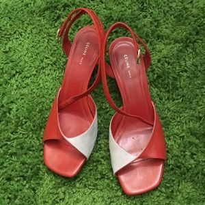CELINE mid-heel sandals in red and pink suede